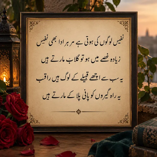 Photo by Poetry: نفیس لوگوں کی ہوتی ہے ہر ہر ادا بھی نفیس
زیادہ غصے میں ہو تو گلاب مارتے ہیں
یہ سب سے اچھے قبیلے کے لوگ ہیں راقب 
یہ راہ 